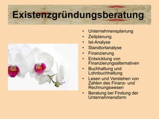 Existenzgründungsberatung  Unternehmensplanung  Zeitplanung  Ist-Analyse  Standtortanalyse  Finanzierung  Entwicklung von Finanzierungsalternativen  Buchhaltung und Lohnbuchhaltung  Lesen und Verstehen von Zahlen des Finanz- und Rechnungswesen  Beratung bei Findung der Unternehmensform  
