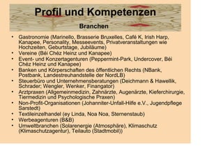 Profil und Kompetenzen
                           Branchen
• Gastronomie (Marinello, Brasserie Bruxelles, Café K, Irish Harp,
  Kanapee, Personality, Messeevents, Privatveranstaltungen wie
  Hochzeiten, Geburtstage, Jubiläume)
• Vereine (Béi Chéz Heinz und Kanapee)
• Event- und Konzertagenturen (Peppermint-Park, Undercover, Béi
  Chéz Heinz und Kanapee)
• Banken und Körperschaften des öffentlichen Rechts (NBank,
  Postbank, Landestreuhandstelle der NordLB)
• Steuerbüro und Unternehmensberatungen (Deichmann & Hawellik,
  Schrader; Wengler, Wenker, Finangator)
• Arztpraxen (Allgemeinmedizin, Zahnärzte, Augenärzte, Kieferchirurgie,
  Tiermedizin und Psychologische Praxen)
• Non-Profit-Organisationen (Johanniter-Unfall-Hilfe e.V., Jugendpflege
  Sarstedt)
• Textileinzelhandel (ey Linda, Noa Noa, Sternenstaub)
• Werbeagenturen (B&B)
• Umweltbranchen (Solarenergie (Atmosphäre), Klimaschutz
  (Klimaschutzagentur), Teilauto (Stadtmobil))
 