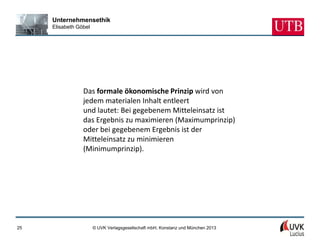 Unternehmensethik
     Elisabeth Göbel




                 Das formale ökonomische Prinzip wird von
                 jedem materialen Inhalt entleert
                 und lautet: Bei gegebenem Mitteleinsatz ist
                 das Ergebnis zu maximieren (Maximumprinzip)
                 oder bei gegebenem Ergebnis ist der
                 Mitteleinsatz zu minimieren
                 (Minimumprinzip).




25                     © UVK Verlagsgesellschaft mbH, Konstanz und München 2013
 