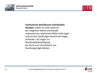 Unternehmensethik
     Elisabeth Göbel




                 Institutionen beeinflussen individuelles
                 Handeln, indem sie einen Rahmen
                 der möglichen Werte und Zwecke
                 vorbestimmen, bestimmte Mittel nahe legen
                 und mit den Handlungen bestimmte Folgen
                 verbinden. Sie tragen zur
                 Komplexitätsbewältigung
                 bei durch eine Vorselektion von
                 Handlungsmöglichkeiten.




38                     © UVK Verlagsgesellschaft mbH, Konstanz und München 2013
 