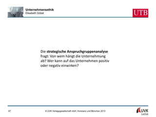 Unternehmensethik
     Elisabeth Göbel




                 Die strategische Anspruchgruppenanalyse
                 fragt: Von wem hängt die Unternehmung
                 ab? Wer kann auf das Unternehmen positiv
                 oder negativ einwirken?




47                     © UVK Verlagsgesellschaft mbH, Konstanz und München 2013
 