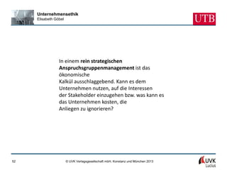 Unternehmensethik
     Elisabeth Göbel




                 In einem rein strategischen
                 Anspruchsgruppenmanagement ist das
                 ökonomische
                 Kalkül ausschlaggebend. Kann es dem
                 Unternehmen nutzen, auf die Interessen
                 der Stakeholder einzugehen bzw. was kann es
                 das Unternehmen kosten, die
                 Anliegen zu ignorieren?




52                     © UVK Verlagsgesellschaft mbH, Konstanz und München 2013
 