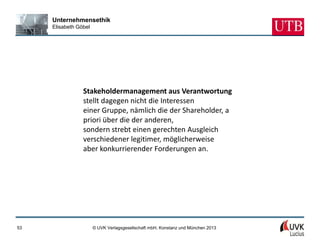 Unternehmensethik
     Elisabeth Göbel




                 Stakeholdermanagement aus Verantwortung
                 stellt dagegen nicht die Interessen
                 einer Gruppe, nämlich die der Shareholder, a
                 priori über die der anderen,
                 sondern strebt einen gerechten Ausgleich
                 verschiedener legitimer, möglicherweise
                 aber konkurrierender Forderungen an.




53                     © UVK Verlagsgesellschaft mbH, Konstanz und München 2013
 