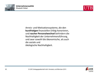 Unternehmensethik
     Elisabeth Göbel




                 Anreiz- und Motivationssysteme, die den
                 kurzfristigen finanziellen Erfolg honorieren,
                 und rascher Personalwechsel behindern die
                 Nachhaltigkeit der Unternehmensführung,
                 und zwar sowohl die ökonomische, als auch
                 die soziale und
                 ökologische Nachhaltigkeit.




63                     © UVK Verlagsgesellschaft mbH, Konstanz und München 2013
 