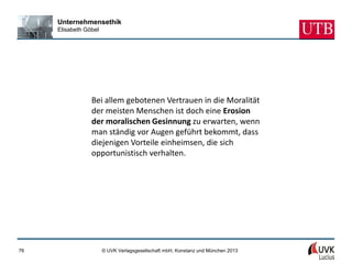 Unternehmensethik
     Elisabeth Göbel




                 Bei allem gebotenen Vertrauen in die Moralität
                 der meisten Menschen ist doch eine Erosion
                 der moralischen Gesinnung zu erwarten, wenn
                 man ständig vor Augen geführt bekommt, dass
                 diejenigen Vorteile einheimsen, die sich
                 opportunistisch verhalten.




76                     © UVK Verlagsgesellschaft mbH, Konstanz und München 2013
 