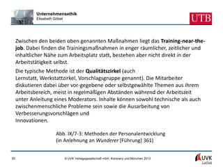 Unternehmensethik
             Elisabeth Göbel




     Zwischen den beiden oben genannten Maßnahmen liegt das Training-near-the-
     job. Dabei finden die Trainingsmaßnahmen in enger räumlicher, zeitlicher und
     inhaltlicher Nähe zum Arbeitsplatz statt, bestehen aber nicht direkt in der
     Arbeitstätigkeit selbst.
     Die typische Methode ist der Qualitätszirkel (auch
     Lernstatt, Werkstattzirkel, Vorschlagsgruppe genannt). Die Mitarbeiter
     diskutieren dabei über vor-gegebene oder selbstgewählte Themen aus ihrem
     Arbeitsbereich, meist in regelmäßigen Abständen während der Arbeitszeit
     unter Anleitung eines Moderators. Inhalte können sowohl technische als auch
     zwischenmenschliche Probleme sein sowie die Ausarbeitung von
     Verbesserungsvorschlägen und
     Innovationen.

                        Abb. IX/7-3: Methoden der Personalentwicklung
                        (in Anlehnung an Wunderer [Führung] 361)


83                             © UVK Verlagsgesellschaft mbH, Konstanz und München 2013
 