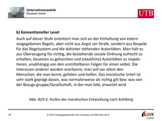 Unternehmensethik
          Elisabeth Göbel




     b) Konventioneller Level
     Auch auf dieser Stufe orientiert man sich an der Einhaltung von extern
     vorgegebenen Regeln, aber nicht aus Angst vor Strafe, sondern aus Respekt
     für das Regelsystem und die dahinter stehenden Autoritäten. Man hält es
     aus Überzeugung für richtig, die bestehende soziale Ordnung aufrecht zu
     erhalten, Gesetzen zu gehorchen und (staatliche) Autoritäten zu respek-
     tieren, unabhängig von den unmittelbaren Folgen für einen selbst. Die
     Interessen anderer werden anerkannt, man will vor allem den
     Menschen, die man kennt, gefallen und helfen. Das moralische Urteil ist
     sehr stark geprägt davon, was normalerweise als richtig gilt bzw. was von
     der Bezugs-gruppe/Gesellschaft, in der man lebt, erwartet wird.


            Abb. IX/9-2: Stufen der moralischen Entwicklung nach Kohlberg


87                          © UVK Verlagsgesellschaft mbH, Konstanz und München 2013
 