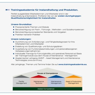 Trainingsakademie für Instandhaltung und Produktion.
Perfekt ausgebildete Mitarbeiterinnen und Mitarbeiter sind in der
Instandhaltung entscheidend. Profitieren Sie von der ersten durchgängigen
Qualifikationsmöglichkeit für Instandhalter.
Unsere Grundsätze:
Unsere Leistungen:
Alle Lehrgänge, Themen und Termine finden Sie auf www.trainingsakademie.eu
Praxisorientierte Themen und Module
Berücksichtigung von Fach-, Führungs-, Methoden- und Sozialkompetenzen
Berücksichtigung europäischer Standards und Vorgaben
Praktiker trainieren Praktiker
Durchführung von Anforderungs- und Fähigkeitsdiagnosen für Ihre
Mitarbeiterinnen und Mitarbeiter
Erstellung von Qualifizierungs- und Schulungsplänen
Ausarbeitung von Funktionsbeschreibungen und personalbezogenen
Verbesserungsmaßnahmen
Individuelle Trainings für Führungskräfte und operatives Personal auf Basis
der Trainingsmodule aus dem House of Maintenance – Management.
Akademischer Lehrgang AMMT - Asset Management und Maintenance
Technologies (www.ammt.eu)
Facility
Management
Maintenance
Technics
Added Competence
House of Competence
Maintenance
Management
Asset & Productivity
Management
 