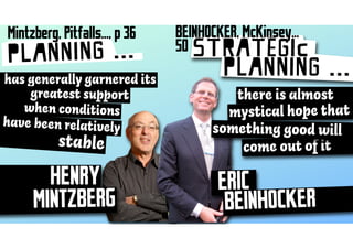 Mintzberg, Pitfalls..., p 36   BEINHOCKER, McKinsey...
                               50 strategic
planning ...                           planning ...
has generally garnered its
    greatest support                    there is almost
   when conditions                     mystical hope that
have been relatively                 something good will
           stable                        come out of it

       HENRY                          ERIC
     MINTZBERG                         BEINHOCKER
 