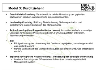 Modul 3: Durchziehen!
•   Geschäftsfeld-Coaching: Verantwortliche bei der Umsetzung der geplanten
    Maßnahmen coachen, damit definierte Ziele erreicht werden.

•   Leadership-Coaching: Stärkung Zielorientierung, Selbstorganisation und
    Selbstführung in allen Disziplinen des Managements.

•   Action-Learning (handlungsorientiertes Lernen): Innovative Methode – neuartige
    Lösungen für komplexe Probleme erarbeiten, Führungsqualitäten entwickeln,
    Teamleistung verbessern

•   Ziel
     • Erfolgssicherung der Umsetzung des Durchbruchsprojekts („dass das getan wird,
         was geplant wurde“)
     • Höhere Wirksamkeit des Managements („dass das erreicht wird, was entschieden
         wurde“)

•   Ergebnis: Erfolgreiche Neuausrichtung – Umsetzung der Strategie und Planung
     • Laufende Reportings der GF-Verantwortlichen über Umsetzungsfortschritt
     • Management-System
 