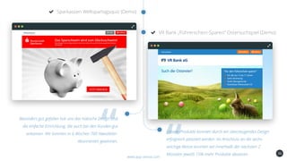 36
Sparkassen Weltspartagsquiz (Demo)
www.app-arena.com
VR Bank „Führerschein-Sparen“ Ostersuchspiel (Demo)
Besonders gut gefallen hat uns das hübsche Design und
die einfache Einrichtung, die auch bei den Kunden gut
ankamen. Wir konnten in 6 Wochen 700 Newsletter-
Abonnenten gewinnen.
Unsere Produkte konnten durch ein überzeugendes Design
erfolgreich platziert werden. Im Anschluss an die sechs-
wöchige Aktion konnten wir innerhalb der nächsten 2
Monaten jeweils 15% mehr Produkte absetzen.
 