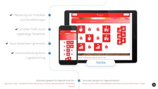 38
Platzierung von Produkten
und Dienstleistungen
Erhöhter Traffic durch
regelmäßige Teilnehmer
Neue Nutzerdaten generieren
Partnereinbindung durch
Logoplatzierung
TESTEN
Besonders geeignet für folgende Anlässe:Besonders geeignet für folgende Branchen:
Agenturen, Hotels , Stadtwerke, Banken, Restaurant, Tourismus, Beauty/Kosmetik, Lebensmittel,
Schmuck
Beauty Contest, VR/SK Fotowettbewerb, Oktoberfest, Karneval, Weihnachten, Urlaub
 