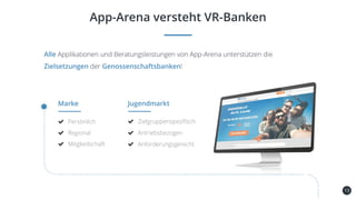 13
App-Arena versteht VR-Banken
Alle Applikationen und Beratungsleistungen von App-Arena unterstützen die
Zielsetzungen der Genossenschaftsbanken!
Marke
Persönlich
Regional
Mitgliedschaft
Jugendmarkt
Zielgruppenspezifisch
Antriebsbezogen
Anforderungsgerecht
 