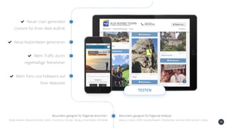 35
Neuer User-generated
Content für Ihren Web-Auftritt
Neue Nutzerdaten generieren
Mehr Traffic durch
regelmäßige Teilnehmer
Mehr Fans und Followers auf
Ihrer Webseite
TESTEN
Besonders geeignet für folgende Anlässe:Besonders geeignet für folgende Branchen:
Mode, Banken, Beauty/Kosmetik, Hotels, Tourismus, Schulen, Verlag, Universitäten, Verbände Beauty Contest, VR/SK Fotowettbewerb, Oktoberfest, Karneval, Weihnachten, Urlaub
 