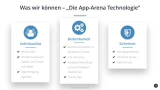 19
Was wir können – „Die App-Arena Technologie“
Individualität
White Label
Flexible Austausch-
barkeit von Farben
und Bilder
Eigenfertigung
optional
Sicherheit
Betrugsprävention
Deutsche Server
Datenschutz
Bedienbarkeit
Administrierbarkeit im
Baukasten-Prinzip
Live-Vorschau
Parallele Einbindung
auf verschiedenen
Plattformen
Social Login
www.app-arena.com
+
 