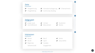 25
Ziele
Fangewinnung
Imagebildung
Entertainment
Community Building
Interaktionssteigerung
www.app-arena.com
Zielgruppe
Junge Leute
Geschäftsleute
Studenten
MütterAbiturienten
Schüler
Interessen
Reisen
Musik
Verein
GesundheitSport
Beruf
Regionale
Gemeinschaft
Soziales
Engagement
 