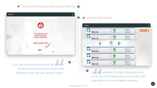 47
Sparty „Abschlussparty-Spendentopf“ (Demo)
www.app-arena.com
VR-Party App (Demo)
Durch Sparty konnten die Abiturienten der Stadt eine
tolle Abschlussparty veranstalten und wir unsere
Bekanntheit in der Zielgruppe signifikant steigern. Wir wollten unbedingt die richtige Zielgruppe erreichen
und mit der VR Party App konnten wir damit über 6.000
junge Menschen aus unserer Region ansprechen.
 