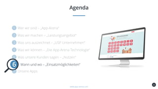 22
Agenda
www.app-arena.com
Wann und wo – „Einsatzmöglichkeiten“6
 