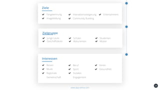 24
Ziele
Fangewinnung
Imagebildung
Entertainment
Community Building
Interaktionssteigerung
www.app-arena.com
Zielgruppe
Junge Leute
Geschäftsleute
Studenten
MütterAbiturienten
Schüler
Interessen
Reisen
Musik
Verein
GesundheitSport
Beruf
Regionale
Gemeinschaft
Soziales
Engagement
 