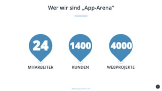 7
Wer wir sind „App-Arena“
www.app-arena.com
24
MITARBEITER
1400
KUNDEN
4000
WEBPROJEKTE
 