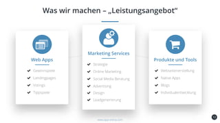 12
Was wir machen – „Leistungsangebot“
www.app-arena.com
Web Apps
Gewinnspiele
Landingpages
Votings
Tippspiele
Produkte und Tools
Webseitenerstellung
Native Apps
Blogs
Individualentwicklung
Marketing Services
Strategie
Online Marketing
Social Media Beratung
Advertising
Design
Leadgenerierung
 