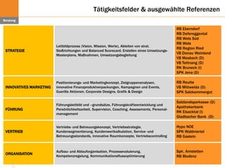 17
Tätigkeitsfelder & ausgewählte Referenzen
Beratung
STRATEGIE
Leitbildprozess (Vision, Mission, Werte), Ableiten von strat.
Stoßrichtungen und Balanced Scorecard, Erstellen eines Umsetzungs-
Masterplans, Maßnahmen, Umsetzungsbegleitung
RB Eberndorf
RB Defereggental
RB Wels Süd
RB Wels
RB Region Ried
VB Donau Weinland
VB Mosbach (D)
VB Tettnang (D)
RK Bruneck (I)
SPK Jena (D)
INNOVATIVES MARKETING
Positionierungs- und Marketingkonzept, Zielgruppenanalysen,
innovative Finanzproduktverpackungen, Kampagnen und Events,
Guerilla Aktionen, Corporate Designs, Grafik & Design
RB Reutte
VB Mittweida (D)
SPK Salzkammergut
FÜHRUNG
Führungsleitbild und –grundsätze, Führungskräfteentwicklung und
Persönlichkeitsarbeit, Supervision, Coaching, Assessments, Personal-
management
Salzlandsparkasse (D)
Apothekerbank
RK Eisacktal (I)
Gladbacher Bank (D)
VERTRIEB
Vertriebs- und Betreuungskonzept, Vertriebsstrategie,
Kundensegmentierung, Kundenwertkalkulation, Service- und
Betreuungsstandards, innovative Raumkonzepte, Vertriebscontrolling
Hypo NOE
SPK Waldviertel
RB Gastein
ORGANISATION
Aufbau- und Ablauforganisation, Prozessevaluierung,
Kompetenzregelung, Kommunikationsflussoptimierung
Spk. Amstetten
RB Bludenz
 