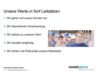 Unsere Werte in fünf Leitsätzen 
1. Wir gehen auf unsere Kunden ein 
2. Wir übernehmen Verantwortung 
3. Wir stehen zu unserem Wort 
4. Wir handeln langfristig 
5. Wir fördern die Potenziale unserer Mitarbeiter 
voestalpine Edelstahl GmbH 
| 
21 Unternehmenspräsentation 2013/14 
 