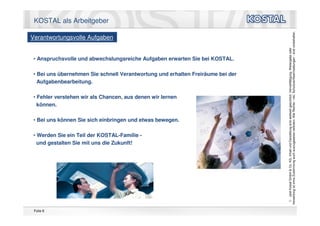 KOSTAL als Arbeitgeber




                                                                                 Verwertung ist ohne Zustimmung auch auszugsweise verboten. Alle Rechte - inkl. Schutzrechtsanmeldungen - sind vorbehalten.
Verantwortungsvolle Aufgaben




                                                                                    Leopold Kostal GmbH & Co. KG. Inhalt und Darstellung sind weltweit geschützt. Vervielfältigung, Weitergabe oder
 • Anspruchsvolle und abwechslungsreiche Aufgaben erwarten Sie bei KOSTAL.

 • Bei uns übernehmen Sie schnell Verantwortung und erhalten Freiräume bei der
   Aufgabenbearbeitung.

 • Fehler verstehen wir als Chancen, aus denen wir lernen
   können.

 • Bei uns können Sie sich einbringen und etwas bewegen.

 • Werden Sie ein Teil der KOSTAL-Familie -
   und gestalten Sie mit uns die Zukunft!




                                                                                 *, ©
 Folie 6
 