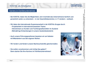 KOSTAL als Arbeitgeber




                                                                                            Verwertung ist ohne Zustimmung auch auszugsweise verboten. Alle Rechte - inkl. Schutzrechtsanmeldungen - sind vorbehalten.
Karriere im Familienunternehmen




                                                                                               Leopold Kostal GmbH & Co. KG. Inhalt und Darstellung sind weltweit geschützt. Vervielfältigung, Weitergabe oder
• Bei KOSTAL haben Sie die Möglichkeit, sich innerhalb des Unternehmens fachlich und
  persönlich weiter zu entwickeln – in vier Geschäftsbereichen, in 17 Ländern – weltweit.


• Wir leben die internationale Zusammenarbeit in der KOSTAL-Gruppe durch
  - Projektarbeit in international besetzten Teams
  - Dienstreisen zu Kunden und Tochtergesellschaften im Ausland
  - Mehrjährige Entsendungen in unsere Auslandsstandorte


• Auch unsere Führungspositionen besetzen wir am liebsten
  mit Mitarbeitern aus den eigenen Reihen.


• Wir fordern und fördern unsere Nachwuchskräfte gleichermaßen.


• Sie wollen vorankommen und richtig Gas geben?
  Dann starten Sie Ihre Karriere im Familienunternehmen!




                                                                                            *, ©
Folie 7
 