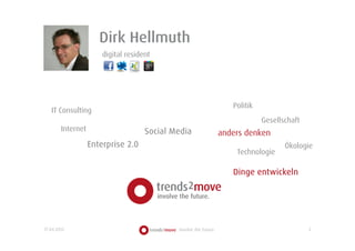 Dirk Hellmuth
                       digital resident




                                                                      Politik
   IT Consulting
                                                                                Gesellschaft
        Internet                     Social Media                  anders denken
                   Enterprise 2.0                                                      Ökologie
                                                                       Technologie

                                                                      Dinge entwickeln




17.04.2012                                   involve the future.                               2
 