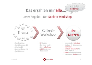 Themen
                 Demographischer                                   Wertewandel
                                                                      Vertrauen,
Trends              Wandel                                           Transparenz,         Technologie
                 z.B. Fachkräftemangel           Ökologie          Individualismus          Social Web,
                                               z.B. ökologisches                           Mobile, Cloud
                                                 Bewusstsein




                 Wandel Industrie- zur                               Denken und Handeln
                 Wissensgesellschaft                                     ändert sich


                        Erfolgsfaktor Nr. 1                               Neue Werte und
                      Kreativität und Wissen                             Motivationsfaktoren
                          der Menschen

                                               people-centric business


             Kultur        Führung             Social Enterprise 2.0           Organisation     Werte

                                                  Kommunikation
                Arbeiten 2.0                                                     Social Intranet
                                                      2.0


03.07.2012                                                                                                 7
 