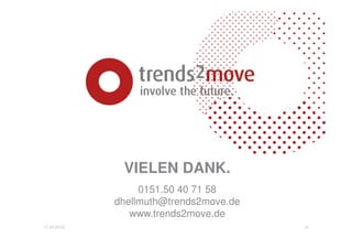 Kunden und Projekte (Auszug)

                     Trendcoaching mit Fokus Fachkräftemangel




                    Kommunikation 2.0 Coaching – Nutzung des Social
                       Web für Bewotec und Kunden (Reisebüro‘s)




                       Design und Umsetzung Social Enterprise 2.0
                                      Strategie



17.04.2012                                                            8
 