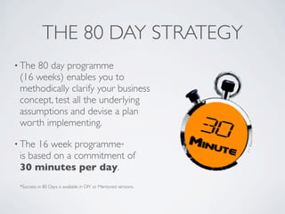 THE 80 DAY STRATEGY
• The80 day programme
 (16 weeks) enables you to
 methodically clarify your business
 concept, test all the underlying
 assumptions and devise a plan
 worth implementing.

• The 16 week programme*
 is based on a commitment of
 30 minutes per day.
 *Success in 80 Days is available in DIY or Mentored versions.
 