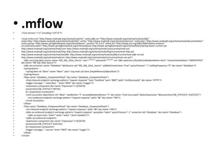 • .mflow• <?xml version="1.0" encoding="UTF-8"?>
• <mule xmlns:vm="http://www.mulesoft.org/schema/mule/vm" xmlns:jdbc-ee="http://www.mulesoft.org/schema/mule/ee/jdbc"
xmlns:http="http://www.mulesoft.org/schema/mule/http" xmlns="http://www.mulesoft.org/schema/mule/core" xmlns:doc="http://www.mulesoft.org/schema/mule/documentation"
xmlns:spring="http://www.springframework.org/schema/beans" version="EE-3.4.0" xmlns:xsi="http://www.w3.org/2001/XMLSchema-instance"
xsi:schemaLocation="http://www.springframework.org/schema/beans http://www.springframework.org/schema/beans/spring-beans-current.xsd
• http://www.mulesoft.org/schema/mule/core http://www.mulesoft.org/schema/mule/core/current/mule.xsd
• http://www.mulesoft.org/schema/mule/http http://www.mulesoft.org/schema/mule/http/current/mule-http.xsd
• http://www.mulesoft.org/schema/mule/ee/jdbc http://www.mulesoft.org/schema/mule/ee/jdbc/current/mule-jdbc-ee.xsd
• http://www.mulesoft.org/schema/mule/vm http://www.mulesoft.org/schema/mule/vm/current/mule-vm.xsd">
• <jdbc-ee:mssql-data-source name="MS_SQL_Data_Source" user=“****" password=“****" url="jdbc:sqlserver://localhost;databaseName=test1" transactionIsolation="UNSPECIFIED"
doc:name="MS SQL Data Source"/>
• <jdbc-ee:connector name="Database" dataSource-ref="MS_SQL_Data_Source" validateConnections="true" queryTimeout="-1" pollingFrequency="0" doc:name="Database"/>
• <spring:beans>
• <spring:bean id="Bean" name="Bean" class="org.mule.util.store.SimpleMemoryObjectStore"/>
• </spring:beans>
• <flow name="Database_ComponentFlow2" doc:name="Database_ComponentFlow2">
• <http:inbound-endpoint exchange-pattern="request-response" host="localhost" port="8087" path="UntilSuccessful" doc:name="HTTP"/>
• <logger message="--main flow--" level="INFO" doc:name="Logger"/>
• <expression-component doc:name="Expression"><![CDATA[
• sessionVars['DB_STATUS']='INITIAL';
• ]]></expression-component>
• <until-successful objectStore-ref="Bean" maxRetries="5" secondsBetweenRetries="5" doc:name="Until Successful" failureExpression="#[sessionVars['DB_STATUS']!='SUCCESS']">
• <vm:outbound-endpoint exchange-pattern="request-response" path="db" doc:name="VM"/>
• </until-successful>
• </flow>
• <flow name="Database_ComponentFlow3" doc:name="Database_ComponentFlow3">
• <vm:inbound-endpoint exchange-pattern="request-response" path="db" doc:name="VM"/>
• <jdbc-ee:outbound-endpoint exchange-pattern="request-response" queryKey="select" queryTimeout="-1" connector-ref="Database" doc:name="Database">
• <jdbc-ee:query key="select" value="select * from mytable1"/>
• </jdbc-ee:outbound-endpoint>
• <expression-component doc:name="Expression"><![CDATA[
• sessionVars['DB_STATUS']='SUCCESS';
• ]]></expression-component>
• <logger message="--success" level="INFO" doc:name="Logger"/>
• </flow>
• </mule>
 