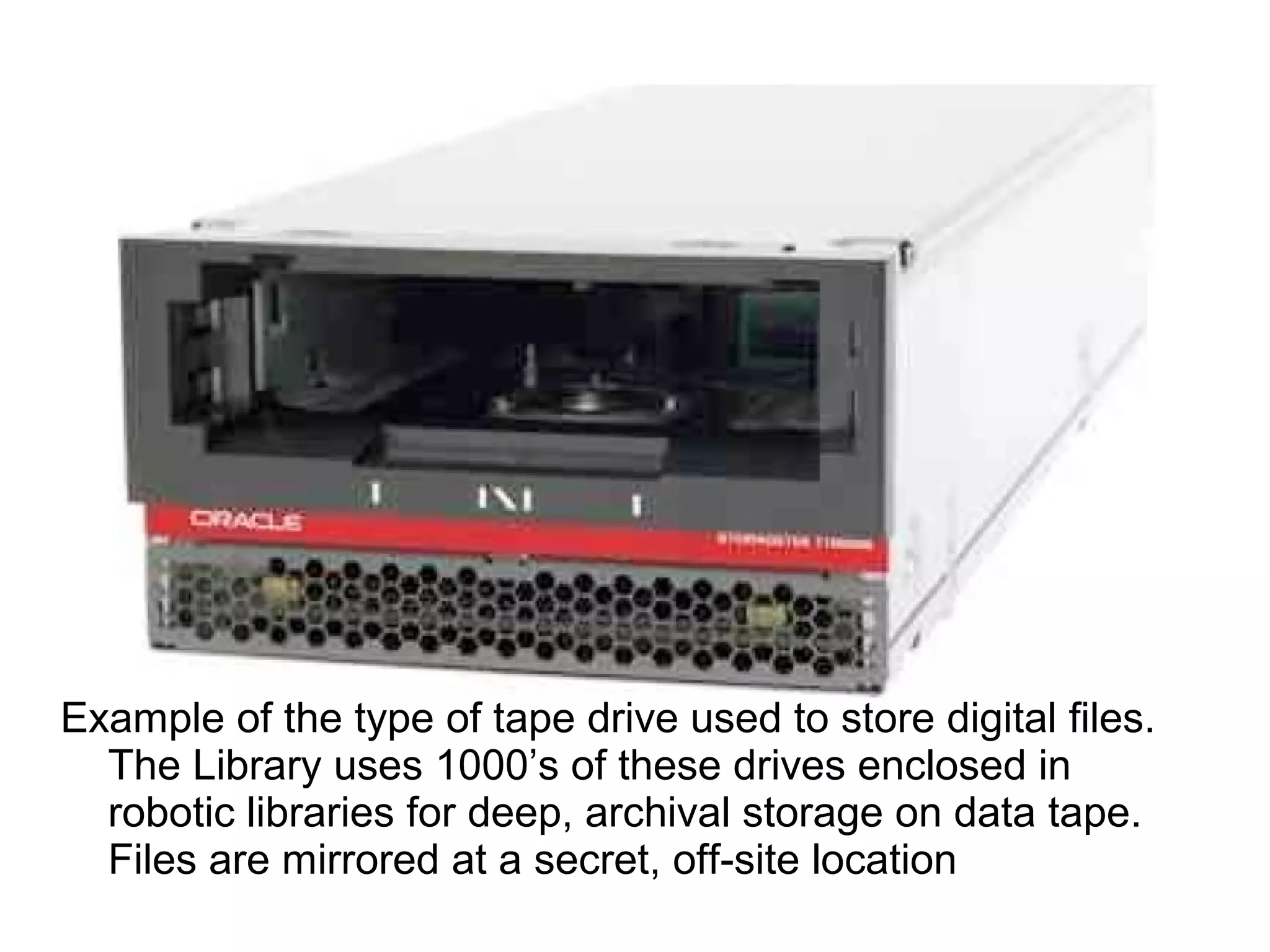 Data Tape Drive
Example of the type of tape drive used to store digital files.
The Library uses 1000’s of these drives enclosed in
robotic libraries for deep, archival storage on data tape.
Files are mirrored at a secret, off-site location