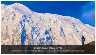 ANNAPURNA I, 8000M NEPAL
This Himalayan peak has the highest fatality to success ratio of 38% among the eight-thousanders.
 