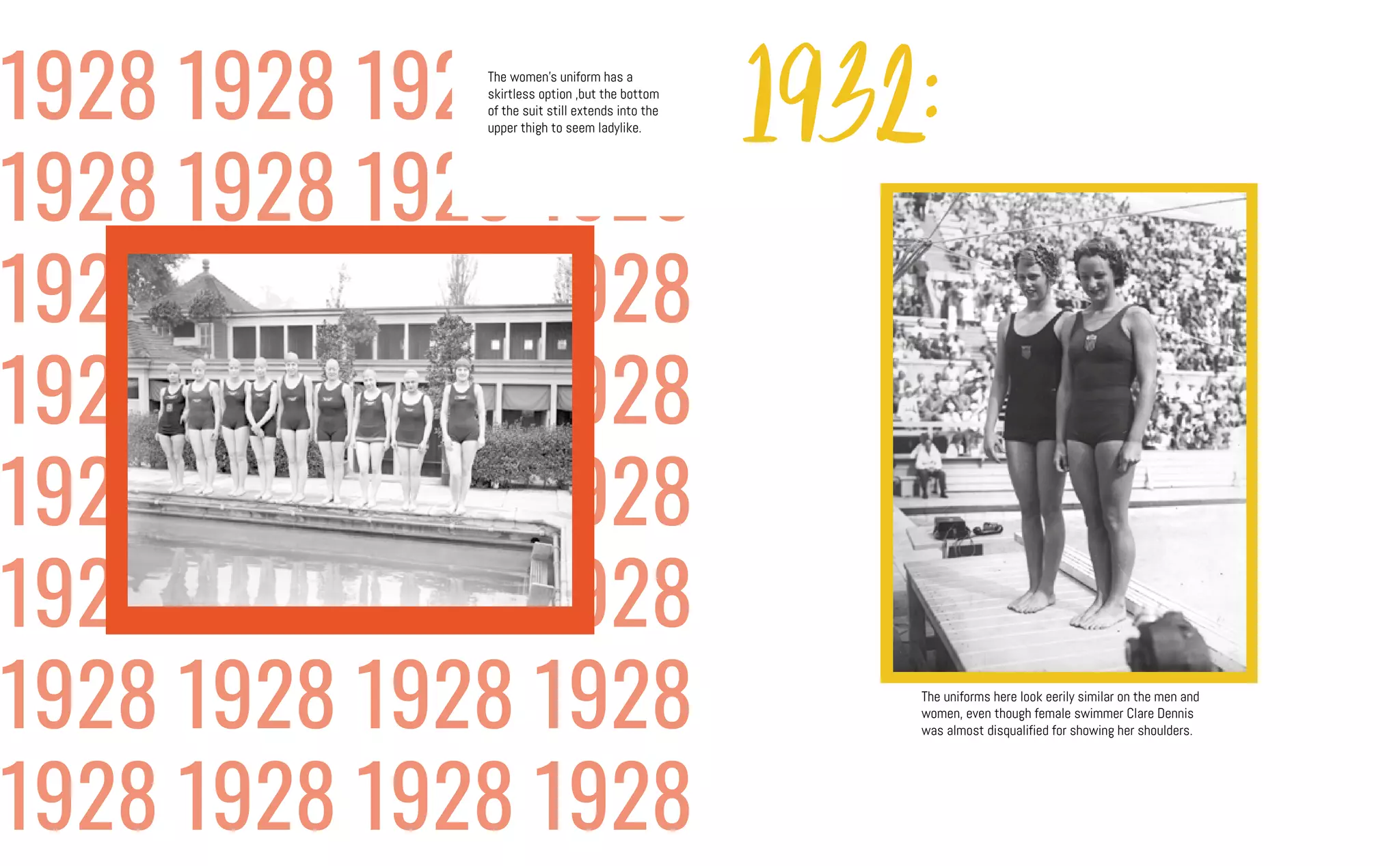 1928 1928 1928 1928
1928 1928 1928 1928
1928 1928 1928 1928
1928 1928 1928 1928
1928 1928 1928 1928
1928 1928 1928 1928
1928 1928 1928 1928
1928 1928 1928 1928
The women's uniform has a
skirtless option ,but the bottom
of the suit still extends into the
upper thigh to seem ladylike.
1932:
The uniforms here look eerily similar on the men and
women, even though female swimmer Clare Dennis
was almost disqualified for showing her shoulders.
 