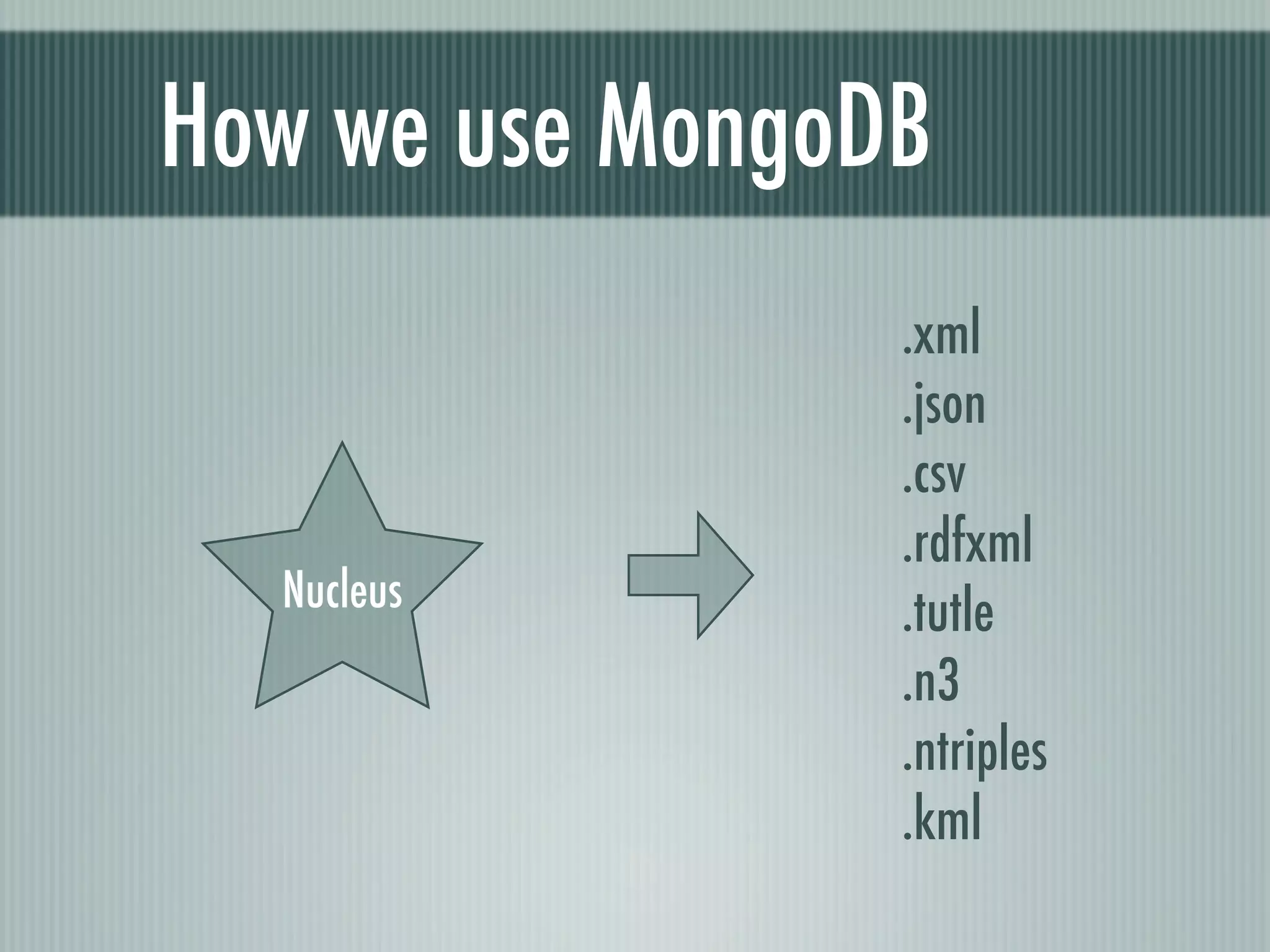 How we use MongoDB
                 .xml
                 .json
                 .csv
                 .rdfxml
  Nucleus        .tutle
                 .n3
                 .ntriples
                 .kml
 