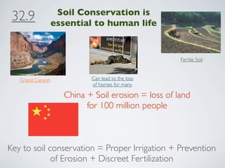 Soil Conservation is
 32.9             essential to human life


                                                    Fertile Soil


   Grand Canyon            Can lead to the loss
                           of homes for many

                    China + Soil erosion = loss of land
                          for 100 million people



Key to soil conservation = Proper Irrigation + Prevention
             of Erosion + Discreet Fertilization
 