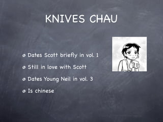 KNIVES CHAU


Dates Scott brieﬂy in vol. 1

Still in love with Scott

Dates Young Neil in vol. 3

Is chinese
 
