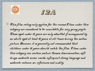 12A
This film rating only applies for the cinema.Films under this
category are considered to be unsuitable for very young people.
Those aged under 12 years are only admitted if accompanied by
an adult, aged at least 18 years, at all times during the motion
picture. However, it is generally not recommended that
children under 12 years should watch the film. Films under
this category can contain mature themes, discrimination, soft
drugs, moderate swear words, infrequent strong language and
moderate violence, sex references and nudity.
 