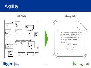 Agility

      RDBMS                   MongoDB




                   {
                       _id : ObjectId("4c4ba5e5e8aabf3"),
                       employee_name: "Dunham, Justin",
                       department : "Marketing",
                       title : "Product Manager, Web",
                       report_up: "Neray, Graham",
                       pay_band: “C",
                       benefits : [
                              {   type : "Health",
                                  plan : "PPO Plus" },
                              {   type :   "Dental",
                                  plan : "Standard" }
                                   ]
                   }




              33
 