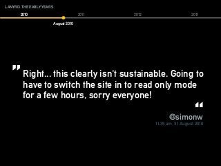 LANYRD: THE EARLY YEARS
2010 2011 2012 2013
August 2010
Right... this clearly isn't sustainable. Going to
have to switch the site in to read only mode
for a few hours, sorry everyone!
” ”
@simonw
11:35 am, 31 August 2010
 