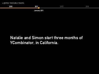 LANYRD: THE EARLY YEARS
2010 2011 2012 2013
January 2011
Natalie and Simon start three months of
YCombinator, in California.
 