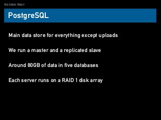 THE STACK TODAY
Main data store for everything except uploads
We run a master and a replicated slave
Around 80GB of data in five databases
Each server runs on a RAID 1 disk array
PostgreSQL
 