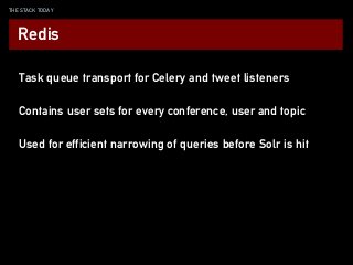 THE STACK TODAY
Task queue transport for Celery and tweet listeners
Contains user sets for every conference, user and topic
Used for efficient narrowing of queries before Solr is hit
Redis
 