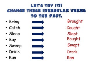• Bring
• Catch
• Sleep
• Buy
• Sweep
• Drink
• Run
Brought
Caught
Slept
Bought
Swept
Drank
Ran
 