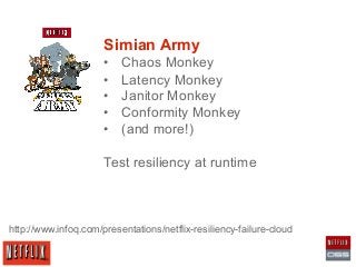 Simian Army
• 
• 
• 
• 
• 

Chaos Monkey
Latency Monkey
Janitor Monkey
Conformity Monkey
(and more!)

Test resiliency at r...
