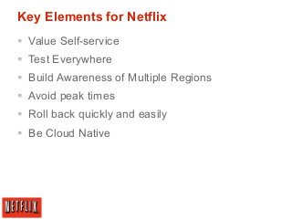 Key Elements for Netflix
§  Value Self-service
§  Test Everywhere
§  Build Awareness of Multiple Regions
§  Avoid peak...