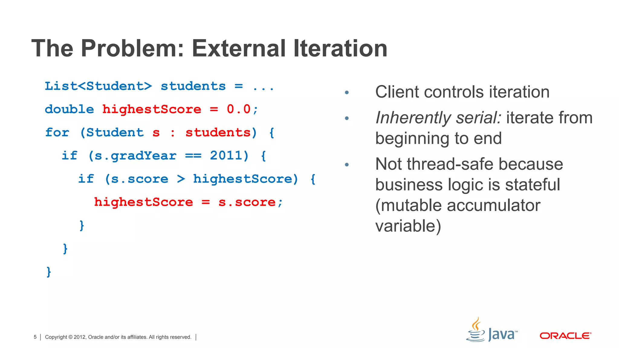 Copyright © 2012, Oracle and/or its affiliates. All rights reserved.5
The Problem: External Iteration
List<Student> students = ...
double highestScore = 0.0;
for (Student s : students) {
if (s.gradYear == 2011) {
if (s.score > highestScore) {
highestScore = s.score;
}
}
}
•  Client controls iteration
•  Inherently serial: iterate from
beginning to end
•  Not thread-safe because
business logic is stateful
(mutable accumulator
variable)
 